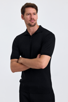 Erkek Siyah Slim Fit Çizgili Esnek Nefes Alan Polo Yaka Triko T-s