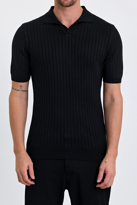 Erkek Siyah Slim Fit Çizgili Esnek Nefes Alan Polo Yaka Triko T-s