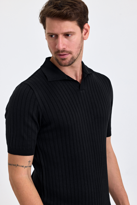Erkek Siyah Slim Fit Çizgili Esnek Nefes Alan Polo Yaka Triko T-s