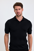 Erkek Siyah Slim Fit Çizgili Esnek Nefes Alan Polo Yaka Triko T-s
