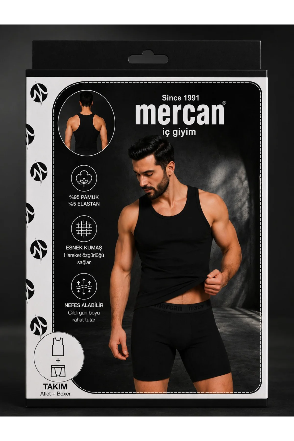 Erkek Siyah Takım Özel Kutuda Uzun Kesim Boxer Sporcu Atlet