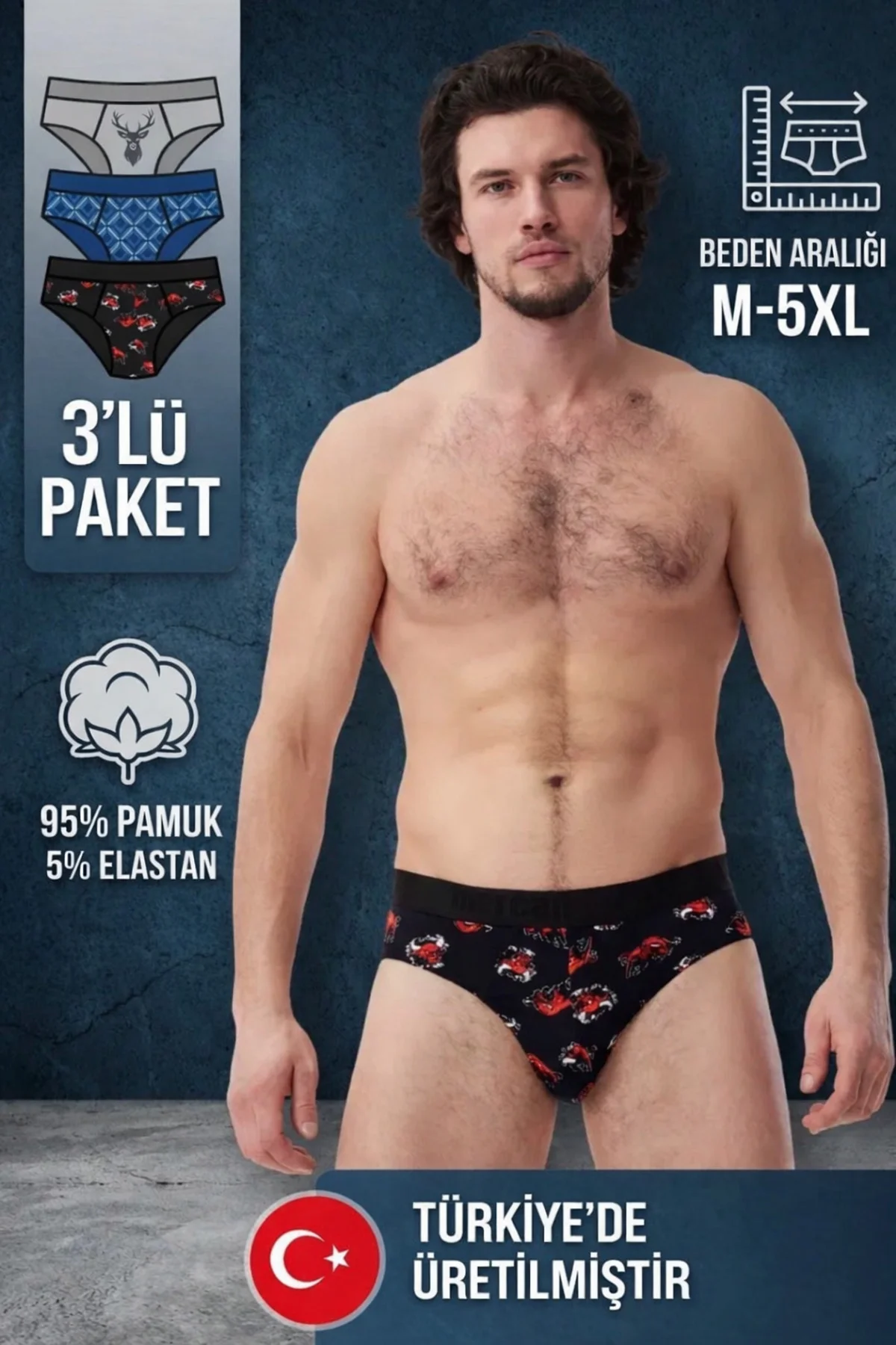 Erkek Slip Boğa-Geyik-Kristal Desenli 3'lü Paket