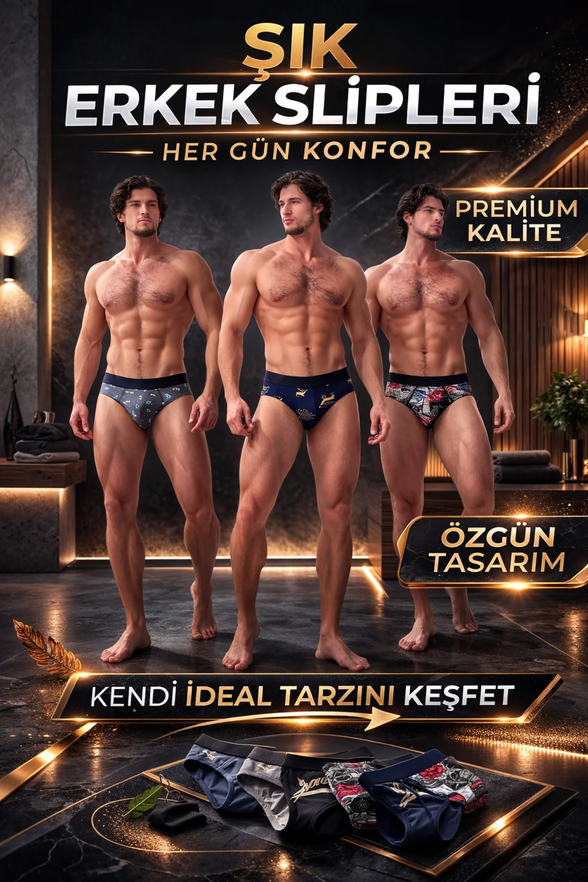Erkek Slip Geyik-Şişe-Rota Desenli 3'lü Paket