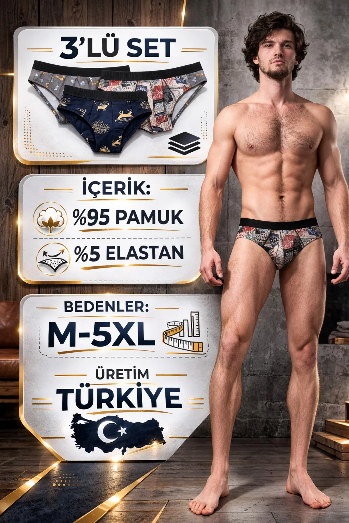 Erkek Slip Geyik-Şişe-Rota Desenli 3'lü Paket