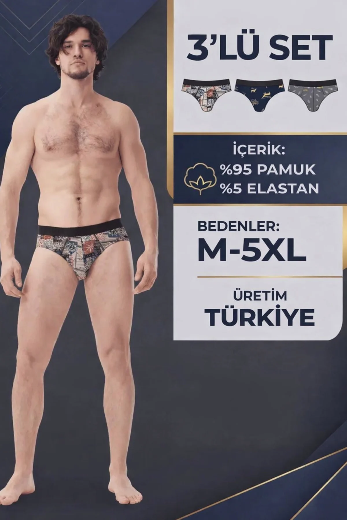 Erkek Slip Geyik-Şişe-Rota Desenli 3'lü Paket