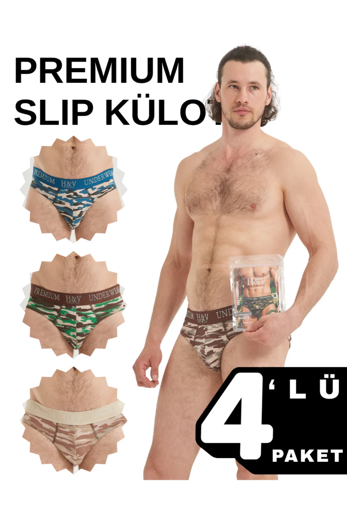 Erkek Slip Kamuflaj Desenli Pamuklu Esnek İç Çamaşırı (4 Renk Seç