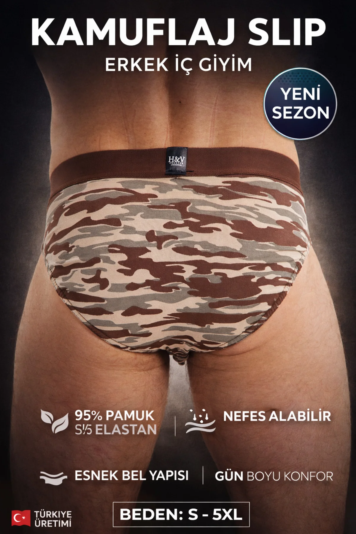 Erkek Slip Kamuflaj Desenli Pamuklu Esnek İç Çamaşırı (4 Renk Seç