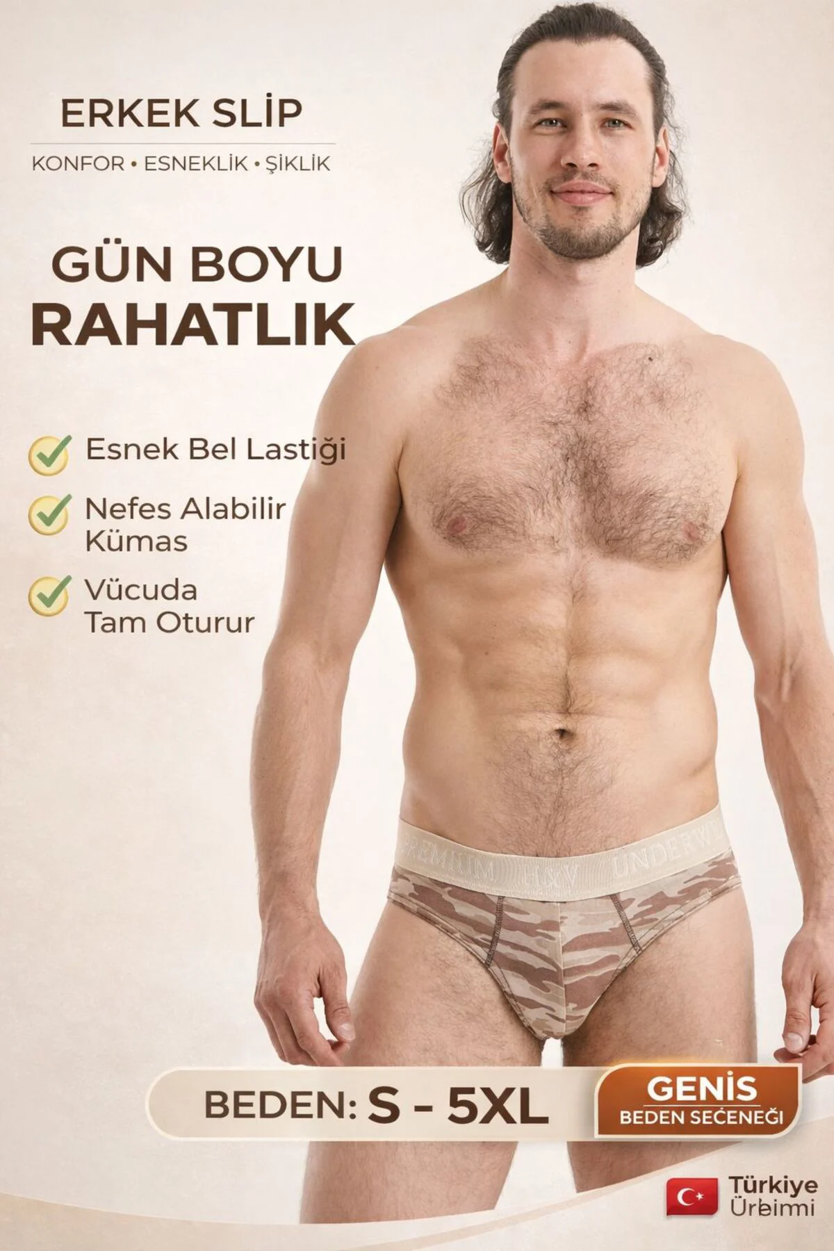 Erkek Slip Kamuflaj Desenli Pamuklu Esnek İç Çamaşırı (4 Renk Seç
