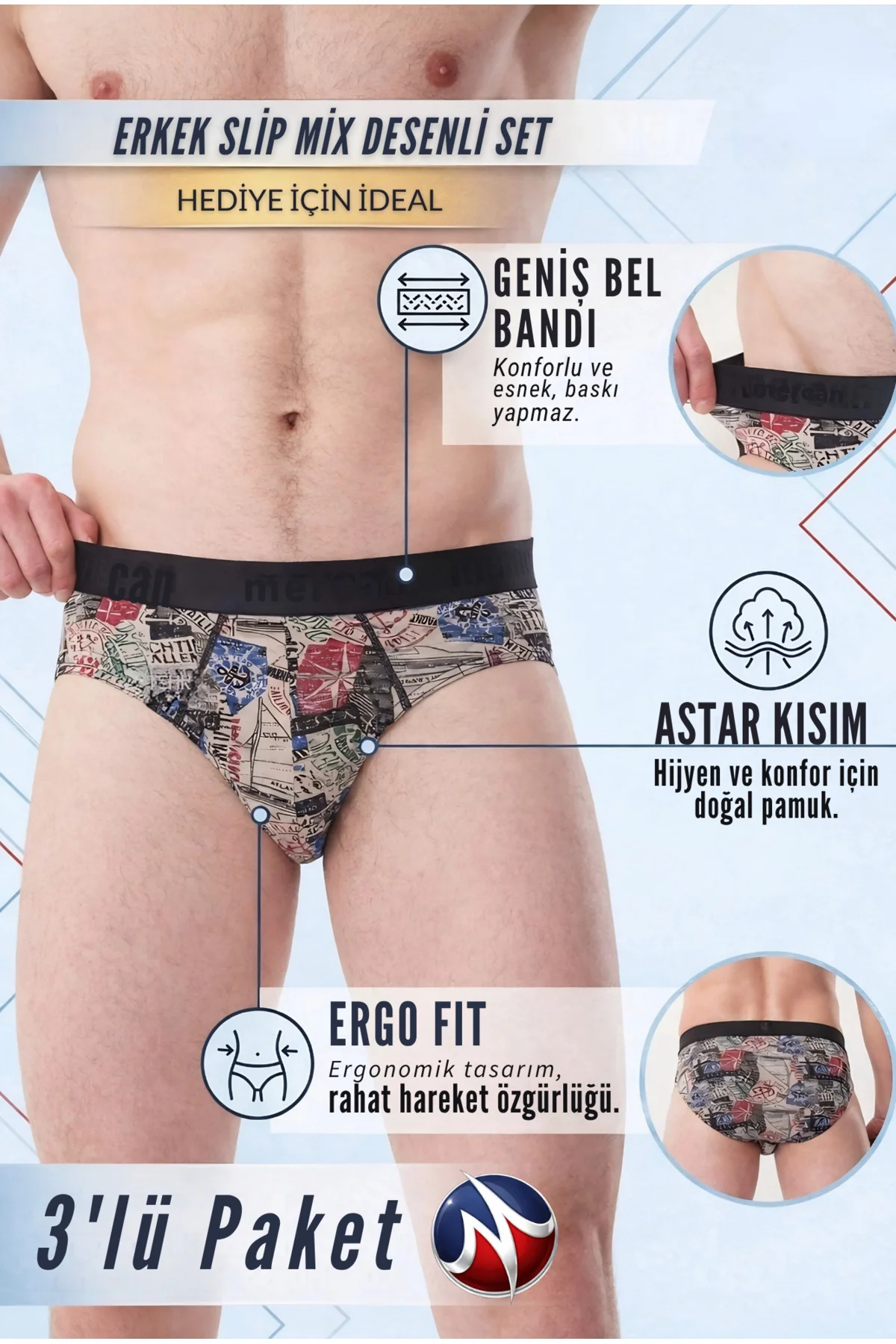 Erkek Slip Külot Karışık Desenli 3'lü