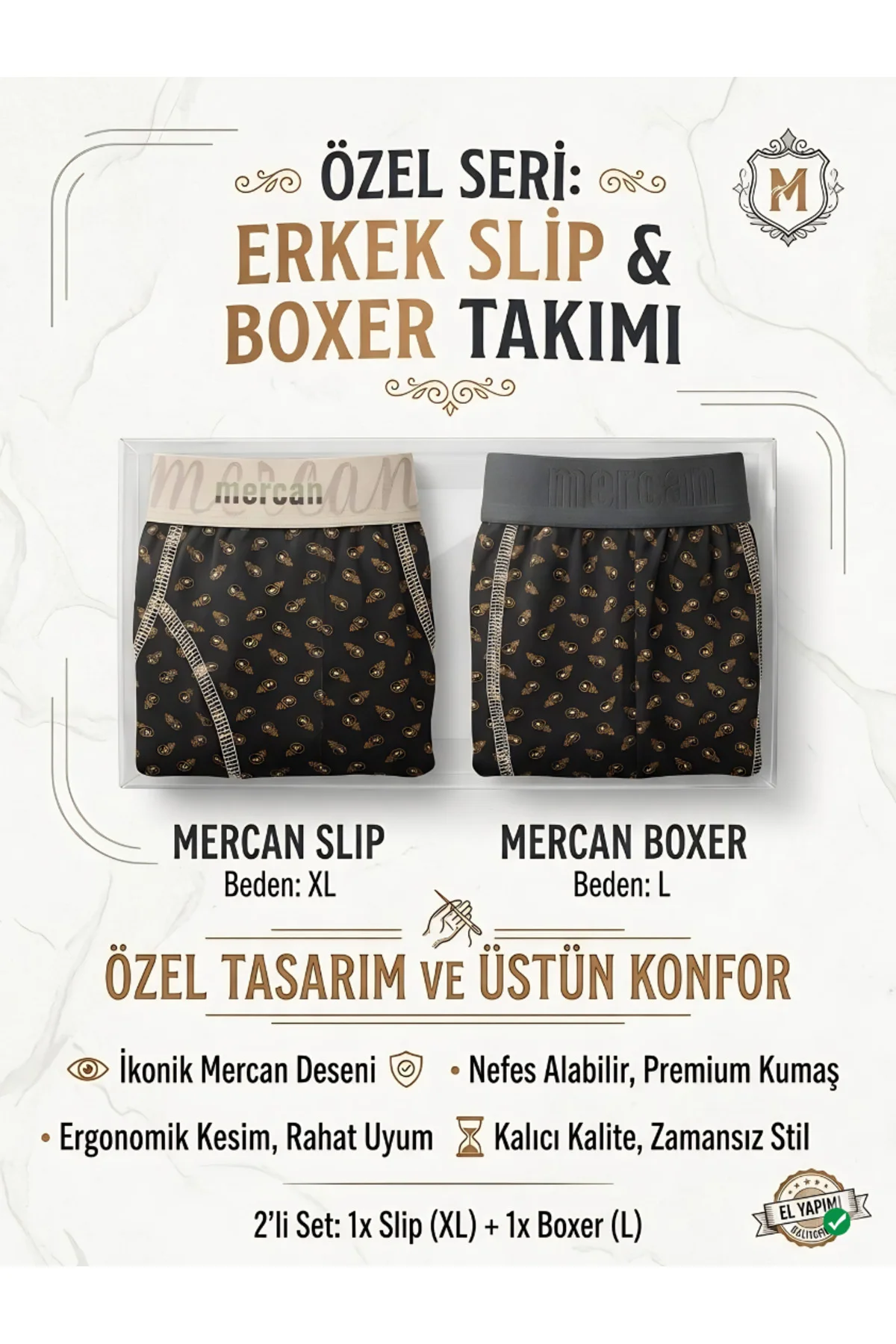 Erkek Slip Külot ve Boxer Seti 2'li Paket Pamuklu Premium Desenli