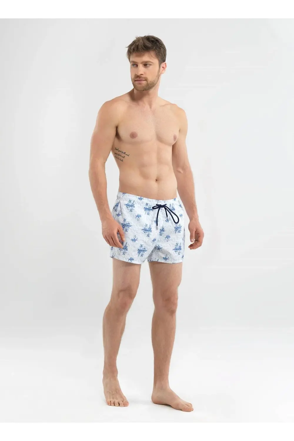 Erkek Şort Mayo - 8548 - Beyaz Tropik Baskılı