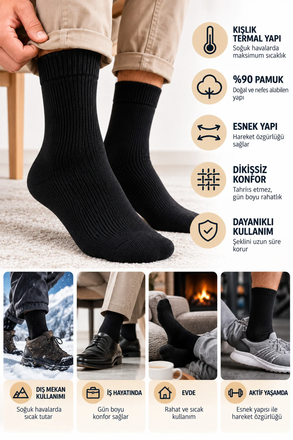 Erkek Termal Çorap 6'lı %90 Pamuk Dikişsiz Kışlık Kalın Sıcak Tutan 41-44 Asorti