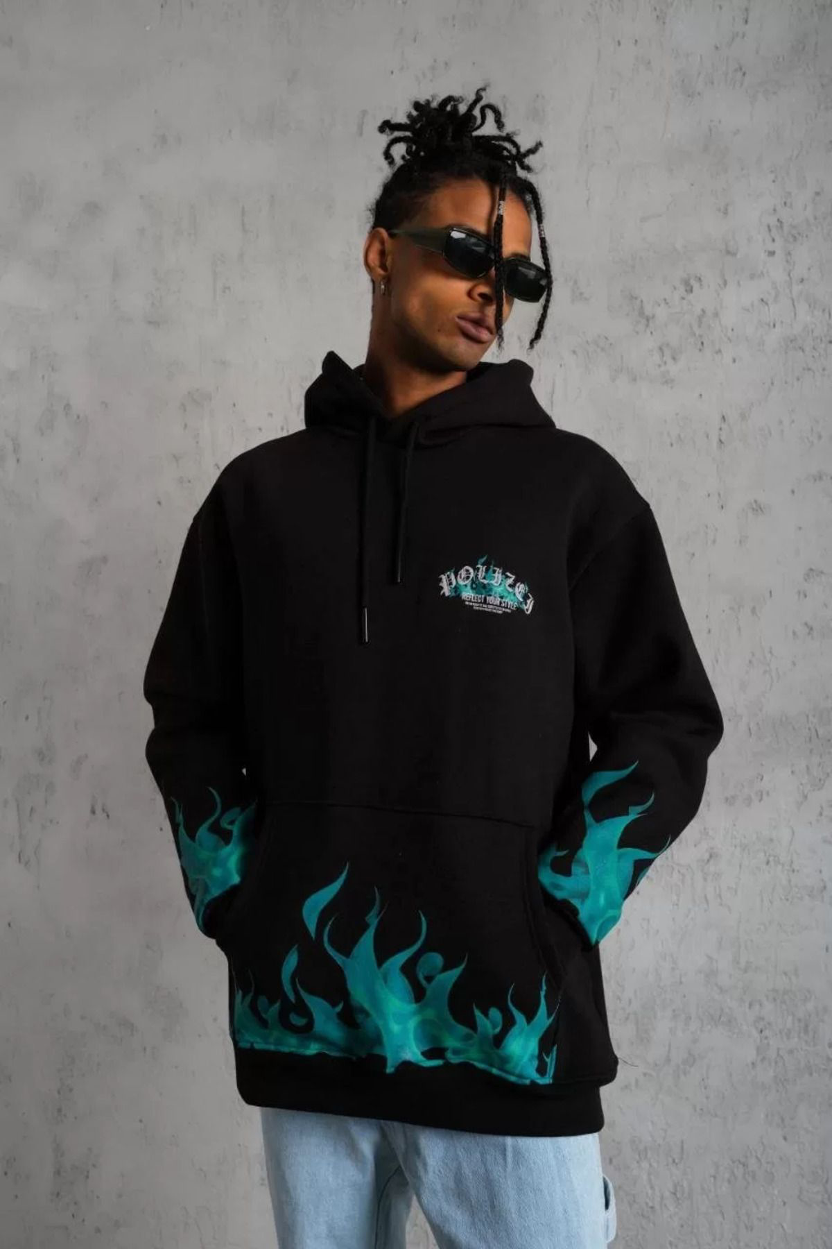 Erkek Üç Iplik Içi Pamuklu Alev Baskılı Kapüşonlu Sweatshirt - Si
