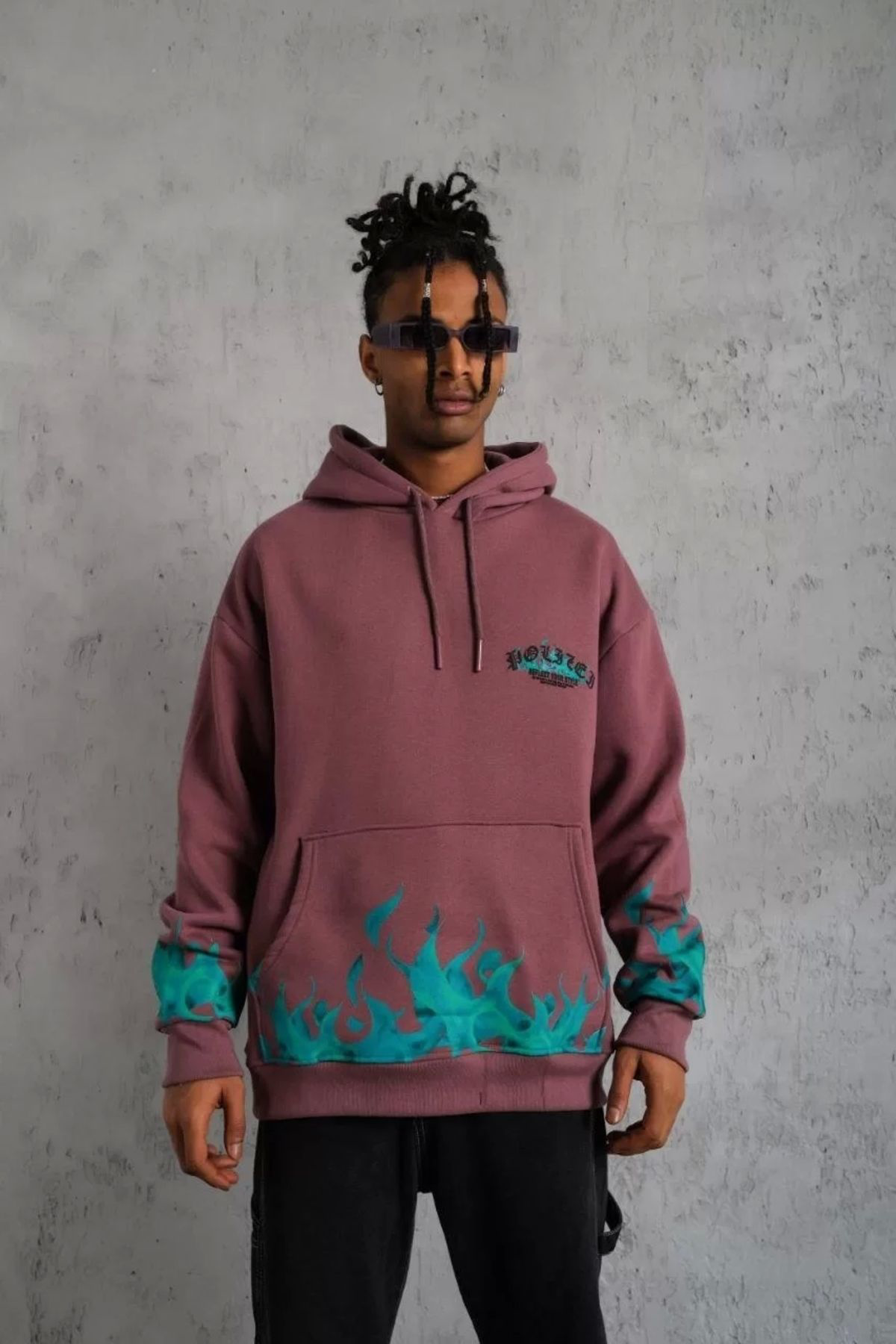 Erkek Üç İplik içi Pamuklu Alev Baskılı Kapüşonlu Sweatshirt - Gü