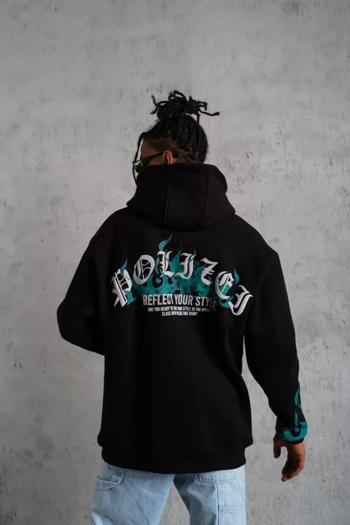 Erkek Üç Iplik Içi Pamuklu Alev Baskılı Kapüşonlu Sweatshirt - Si