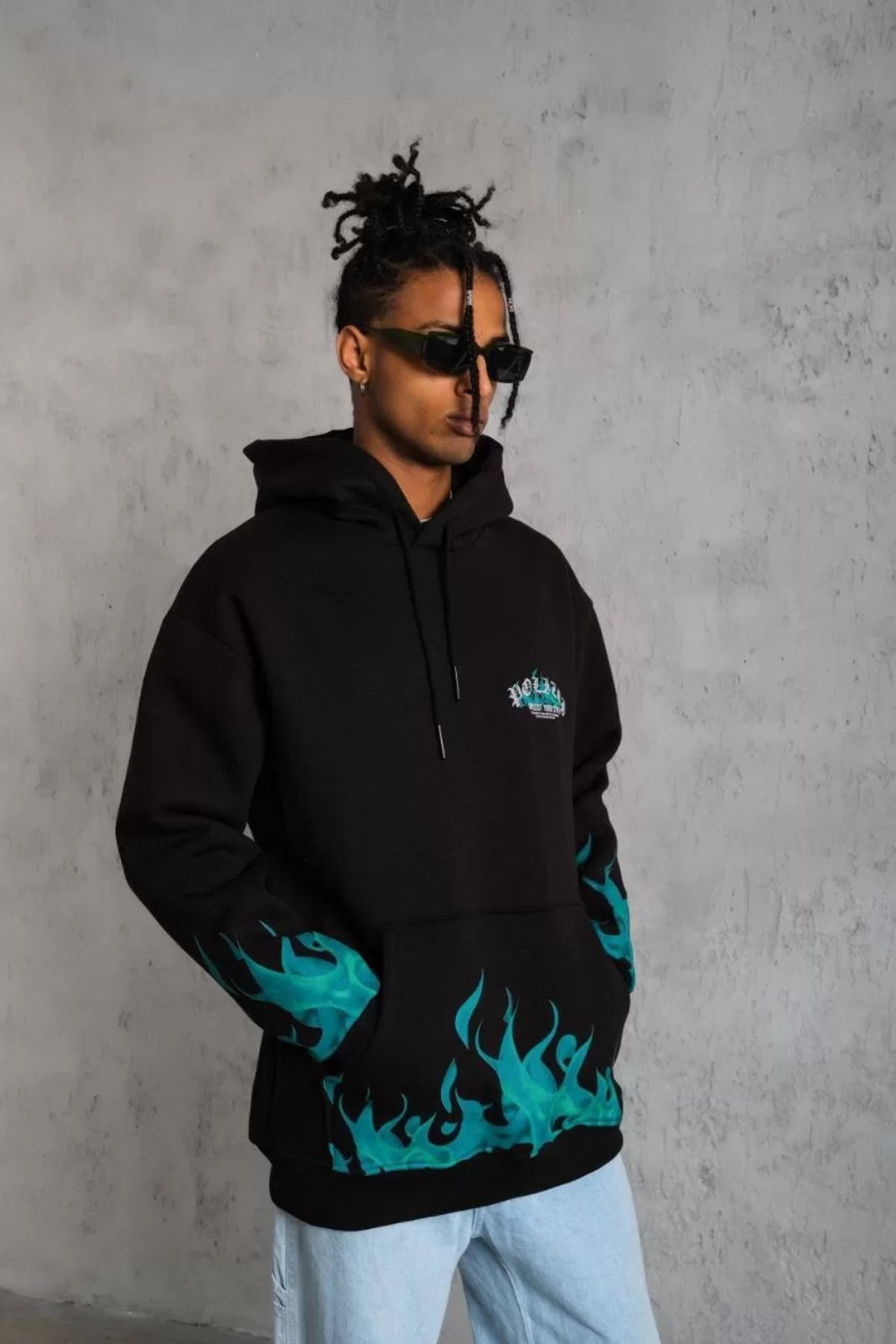 Erkek Üç Iplik Içi Pamuklu Alev Baskılı Kapüşonlu Sweatshirt - Si