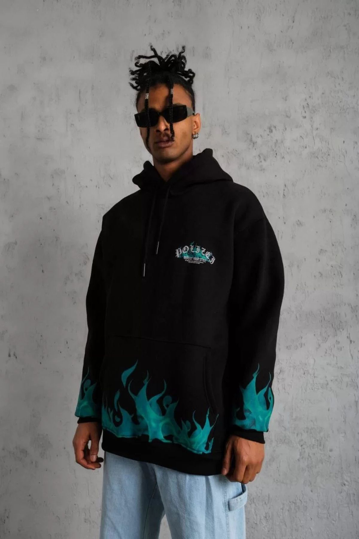 Erkek Üç Iplik Içi Pamuklu Alev Baskılı Kapüşonlu Sweatshirt - Si