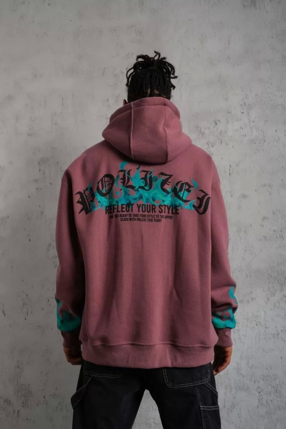 Erkek Üç İplik içi Pamuklu Alev Baskılı Kapüşonlu Sweatshirt - Gü