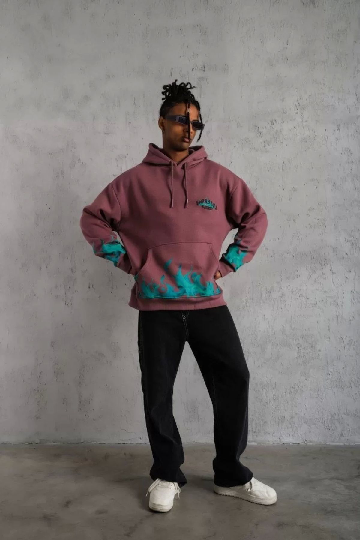 Erkek Üç İplik içi Pamuklu Alev Baskılı Kapüşonlu Sweatshirt - Gü