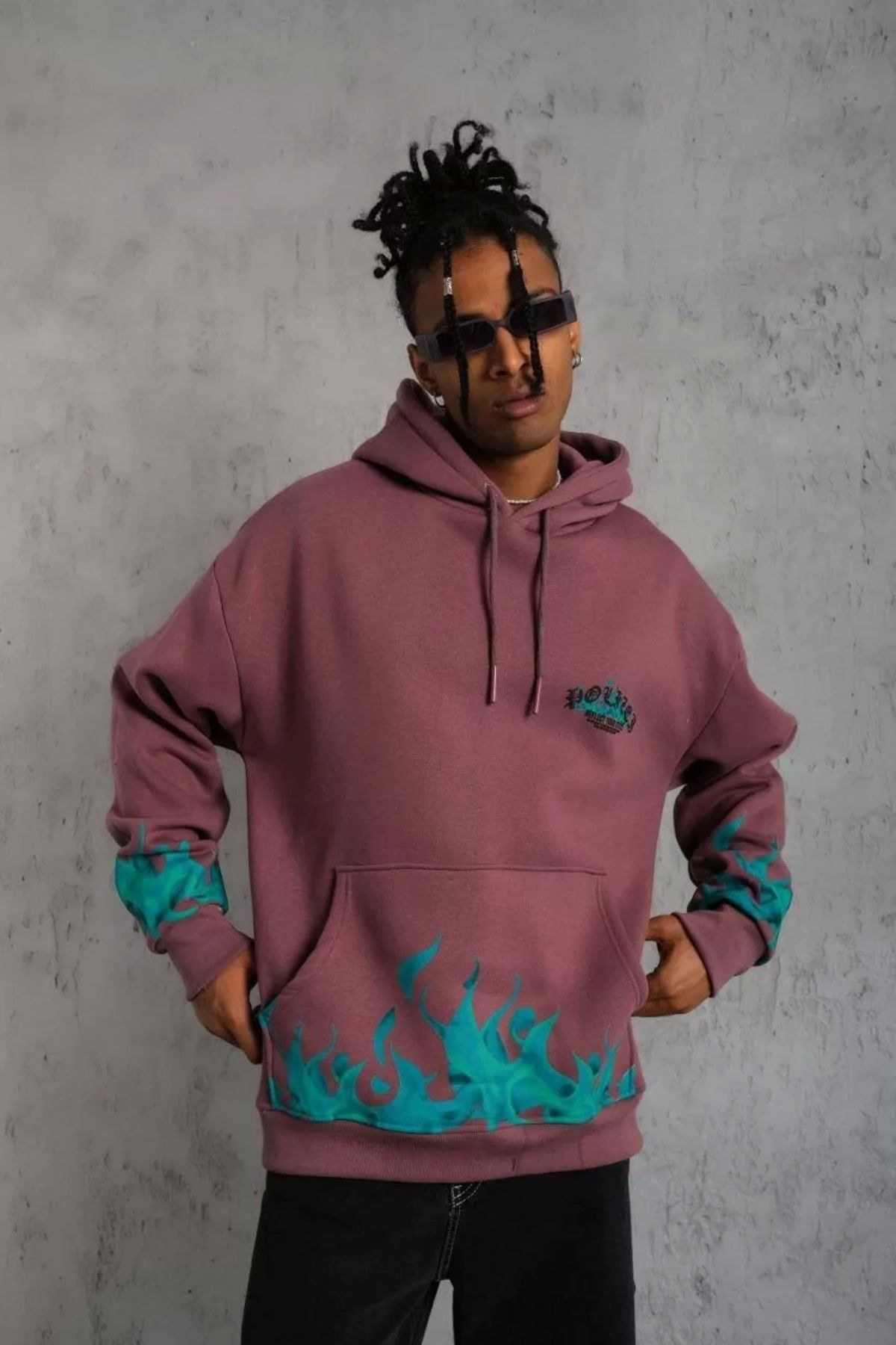 Erkek Üç İplik içi Pamuklu Alev Baskılı Kapüşonlu Sweatshirt - Gü