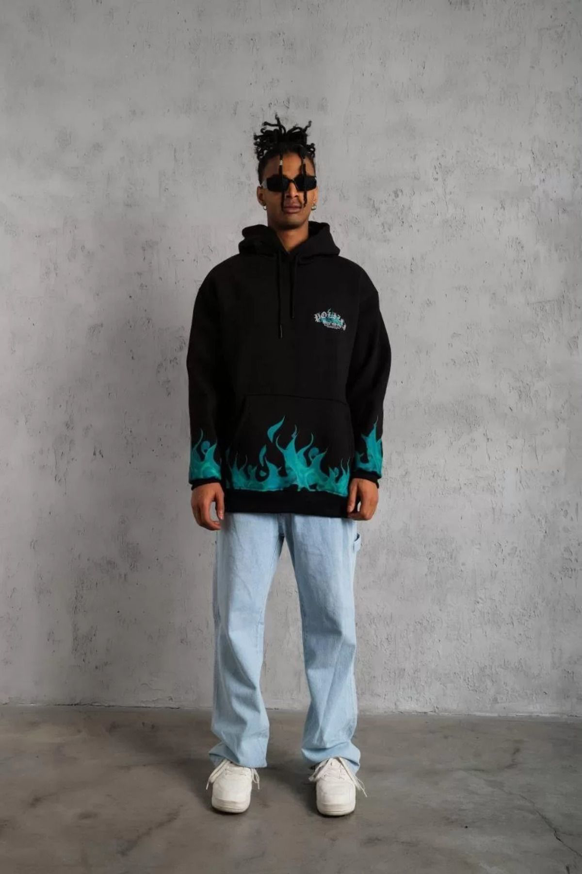 Erkek Üç Iplik Içi Pamuklu Alev Baskılı Kapüşonlu Sweatshirt - Si