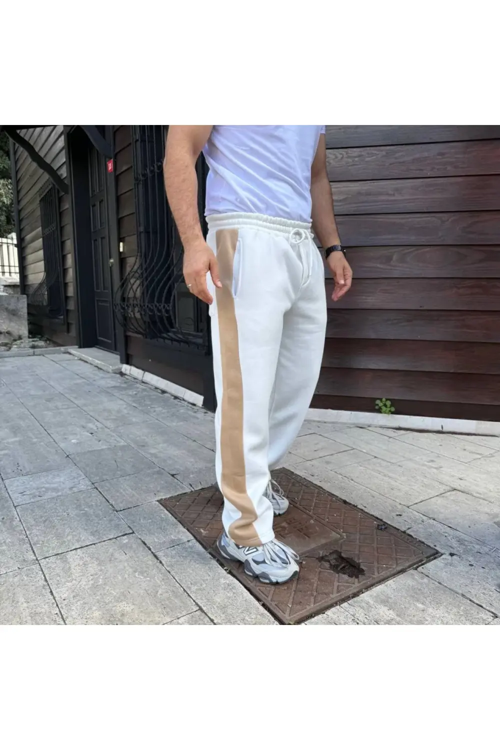 Erkek Üç İplik Kışlık Pamuklu Yandan Garneli Kalın Bej Şeritli Ce