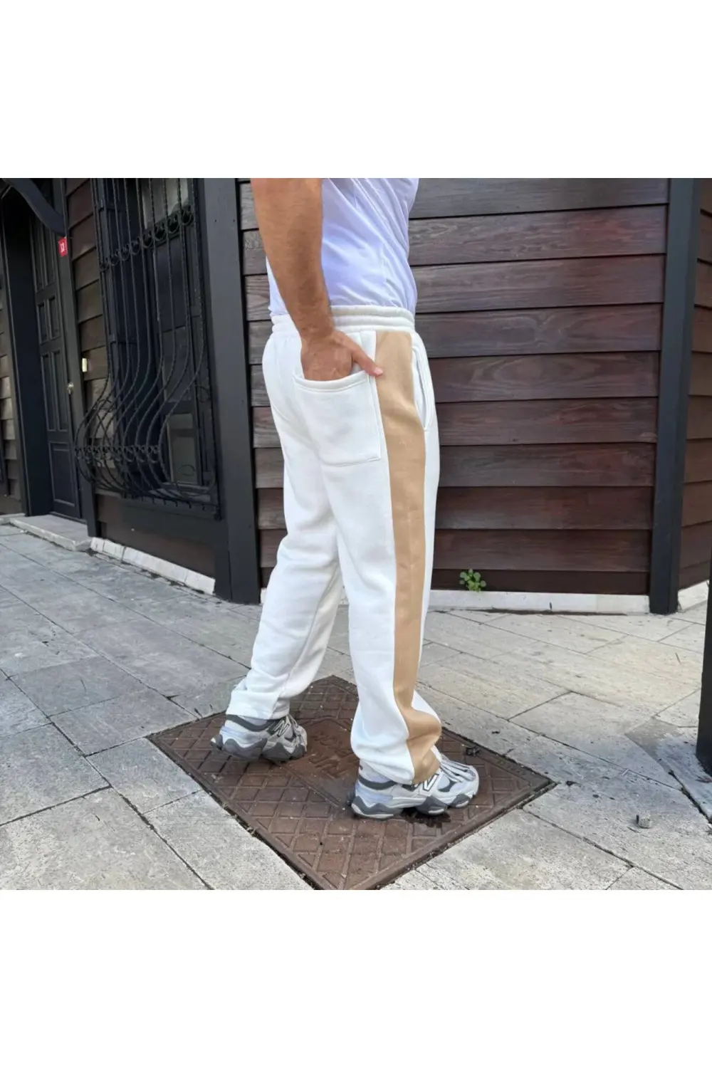 Erkek Üç İplik Kışlık Pamuklu Yandan Garneli Kalın Bej Şeritli Ce