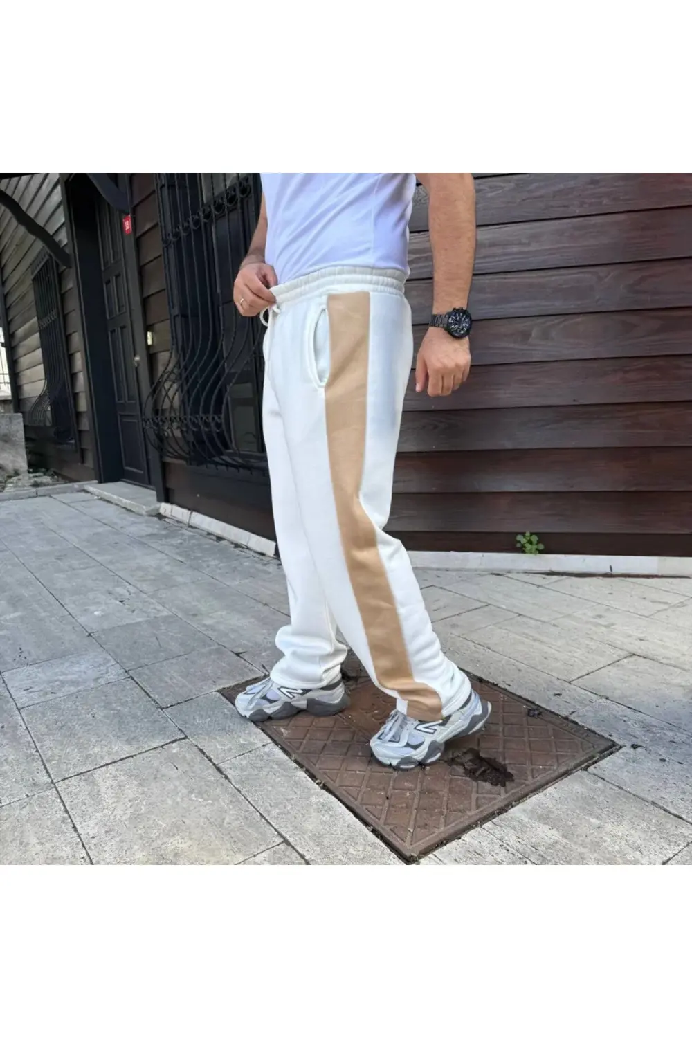 Erkek Üç İplik Kışlık Pamuklu Yandan Garneli Kalın Bej Şeritli Ce