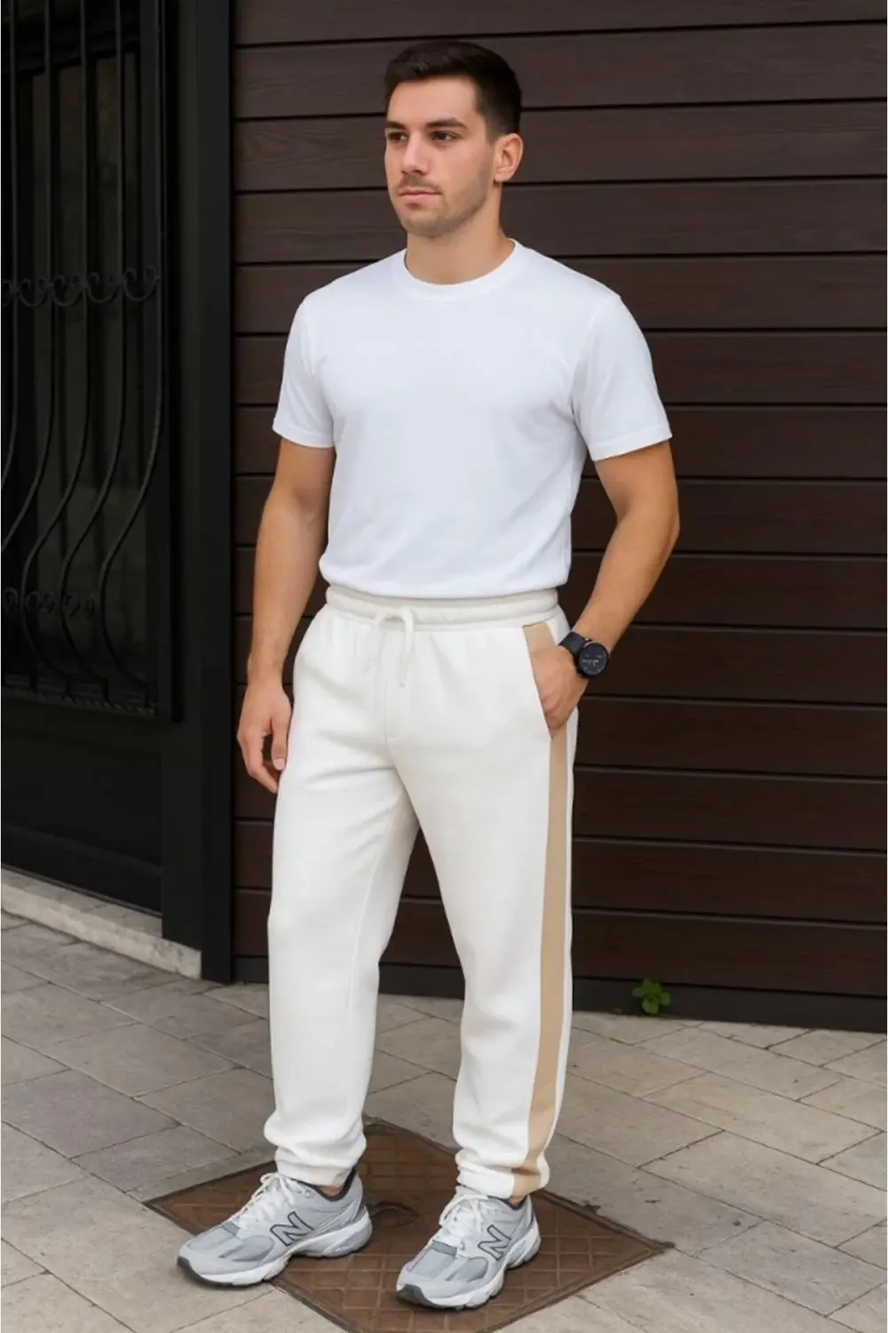 Erkek Üç İplik Kışlık Pamuklu Yandan Garneli Kalın Bej Şeritli Ce