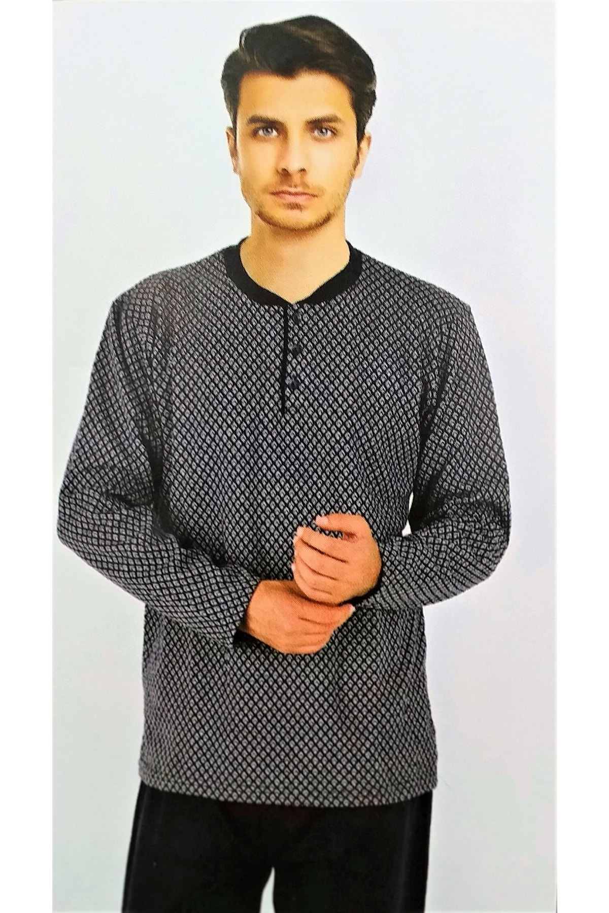 Akşahin Erkek Uzun Kol Kışlık Pijama Takımı Beyaz-Lacivert