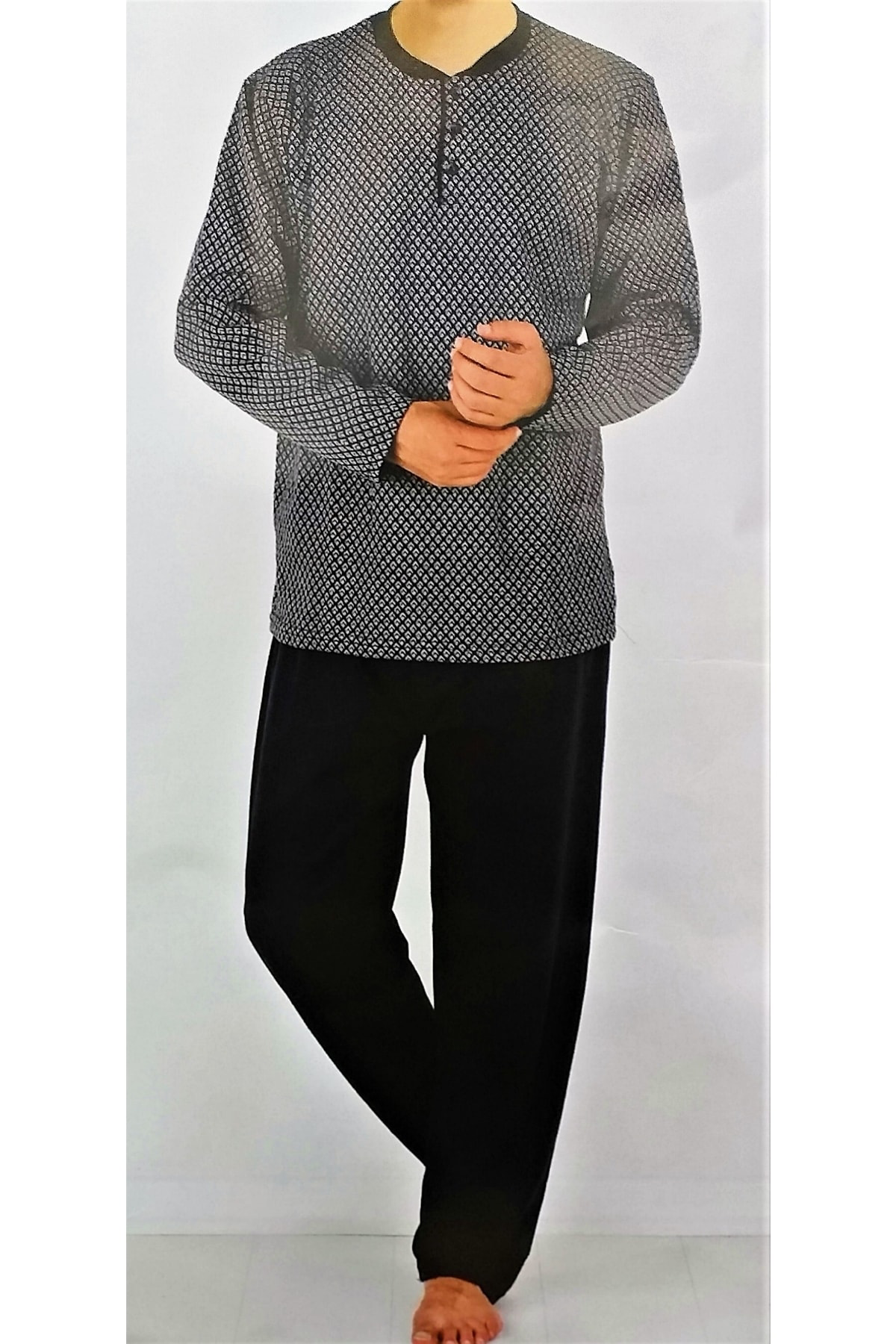 Akşahin Erkek Uzun Kol Kışlık Pijama Takımı Beyaz-Lacivert