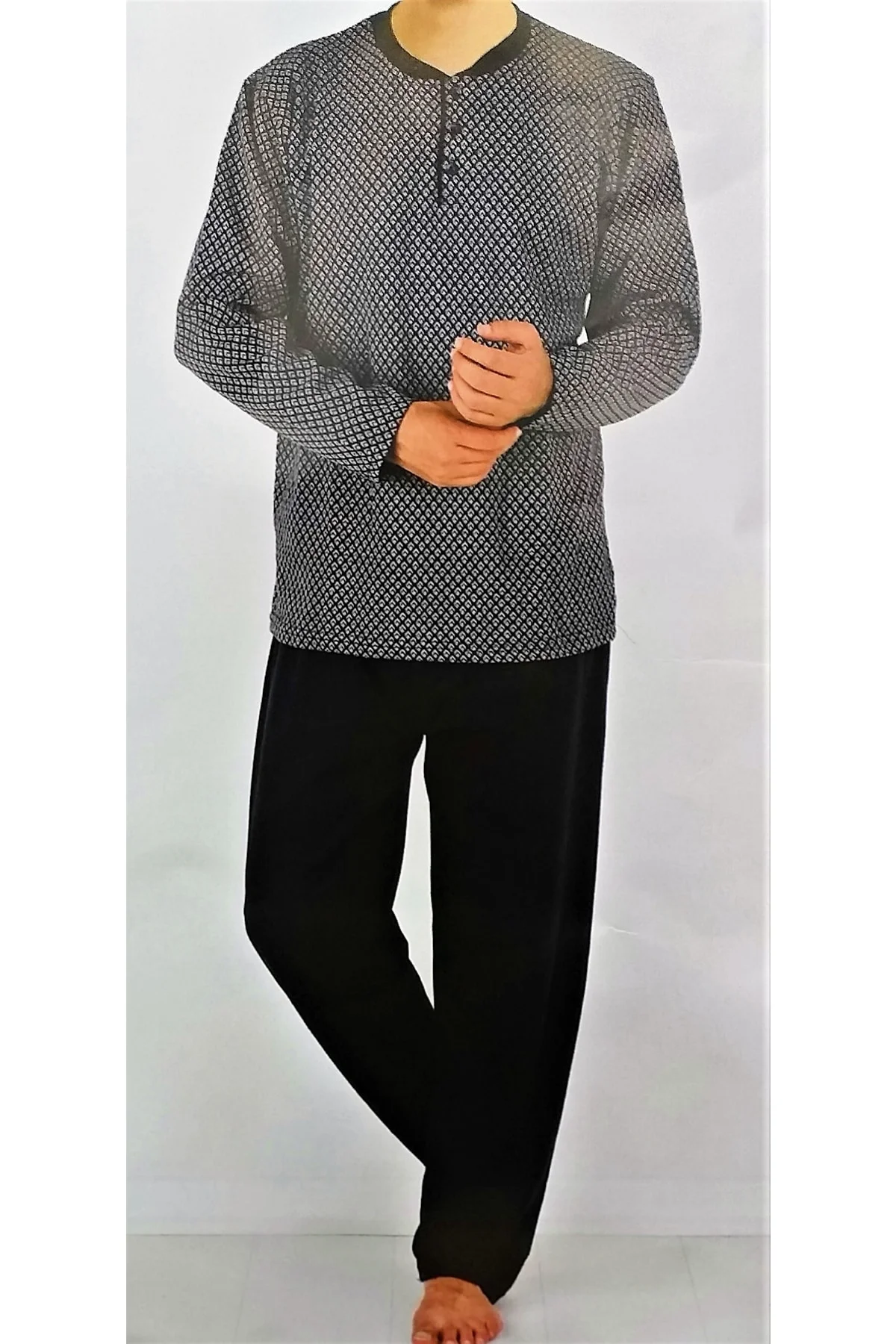 Erkek Uzun Kol Kışlık Pijama Takımı Beyaz-lacivert - Görsel 2