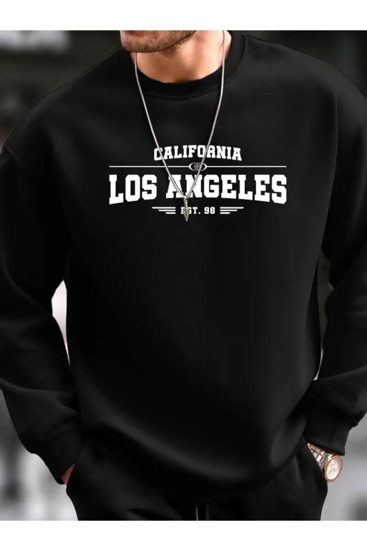 Erkek Uzun Kollu Bisiklet Yaka Los Angeles Yazılı Iki Iplik Bluz