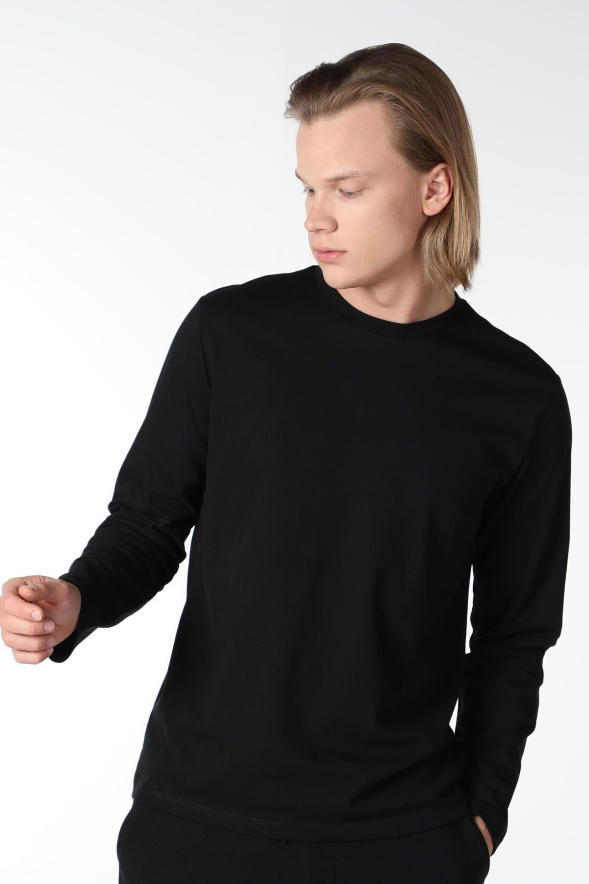 Erkek Bisiklet Yaka Uzun Kollu Regular Fit Basic Tişört Beyaz