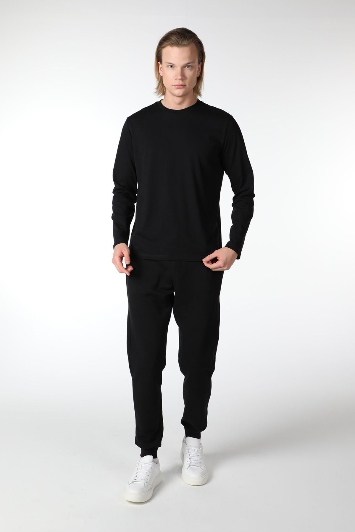 Erkek Bisiklet Yaka Uzun Kollu Regular Fit Basic Tişört Beyaz