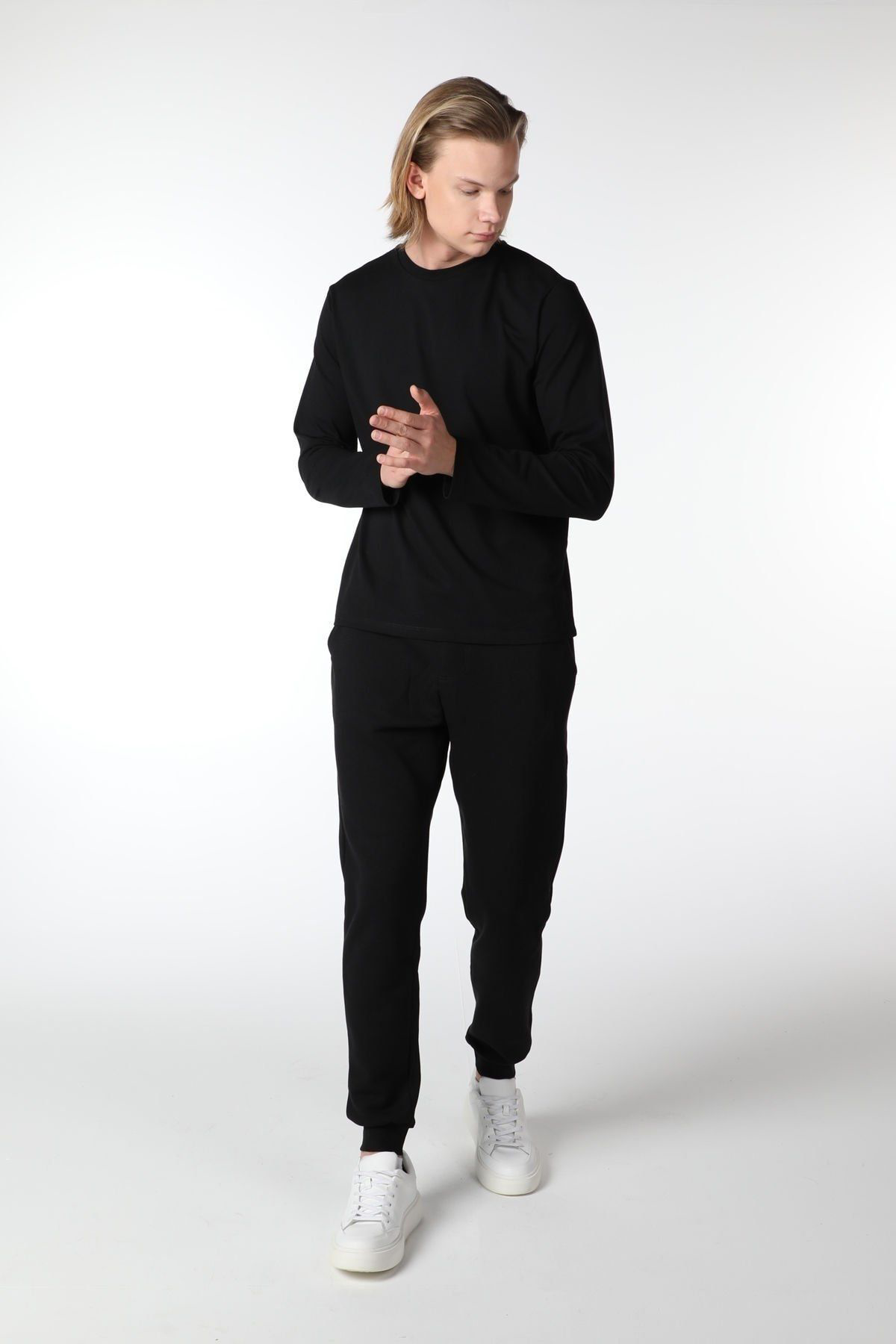 Erkek Bisiklet Yaka Uzun Kollu Regular Fit Basic Tişört Beyaz