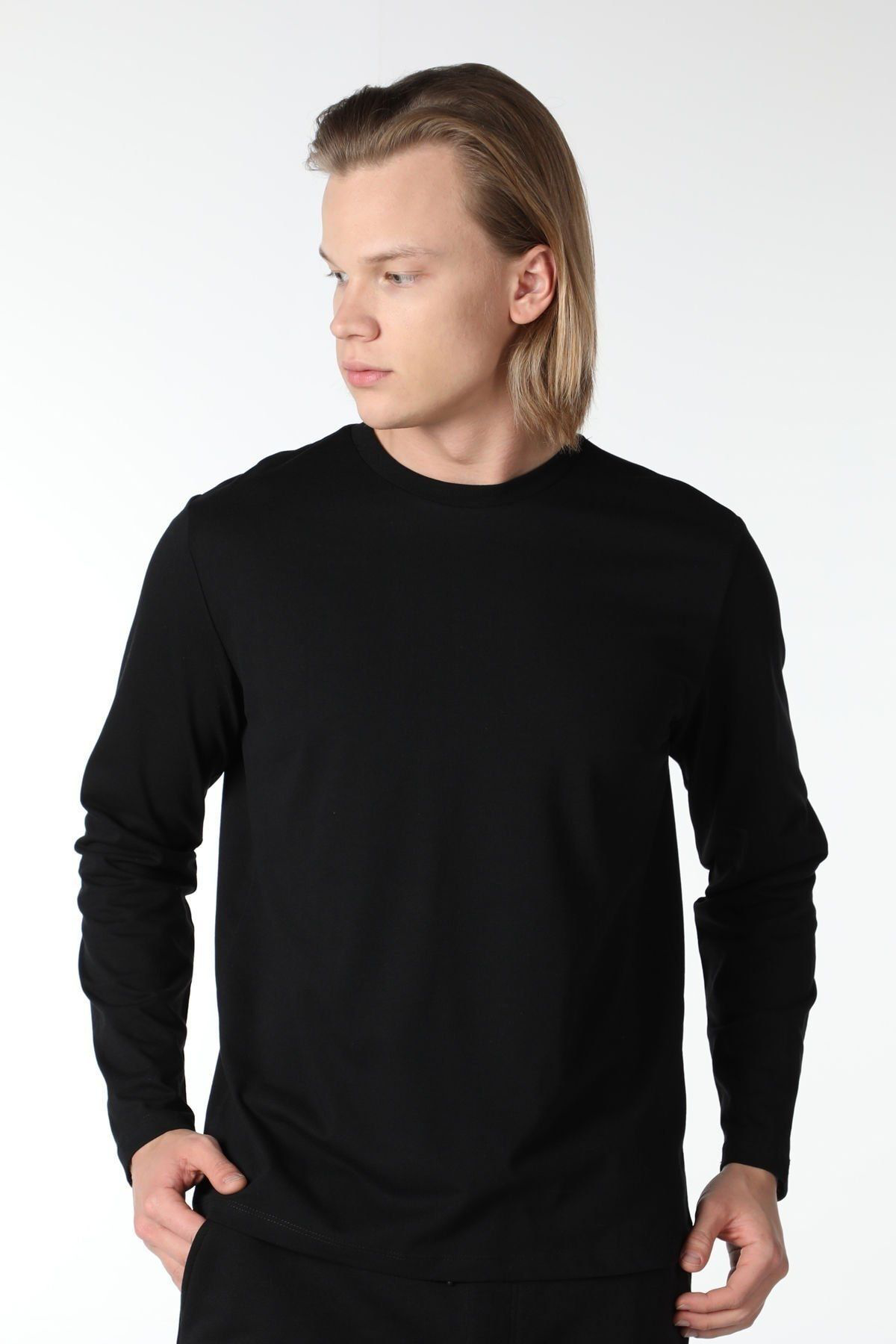 Erkek Bisiklet Yaka Uzun Kollu Regular Fit Basic Tişört Beyaz