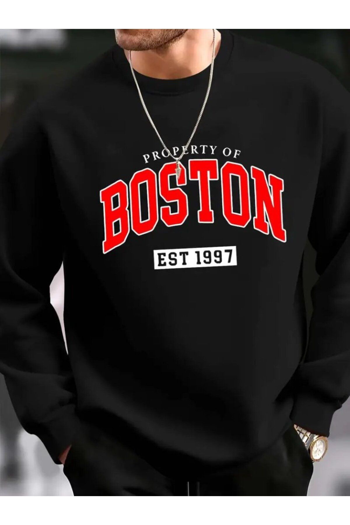 Erkek Uzun Kollu Bisiklet Yaka Boston Yazılı Iki Iplik Bluz