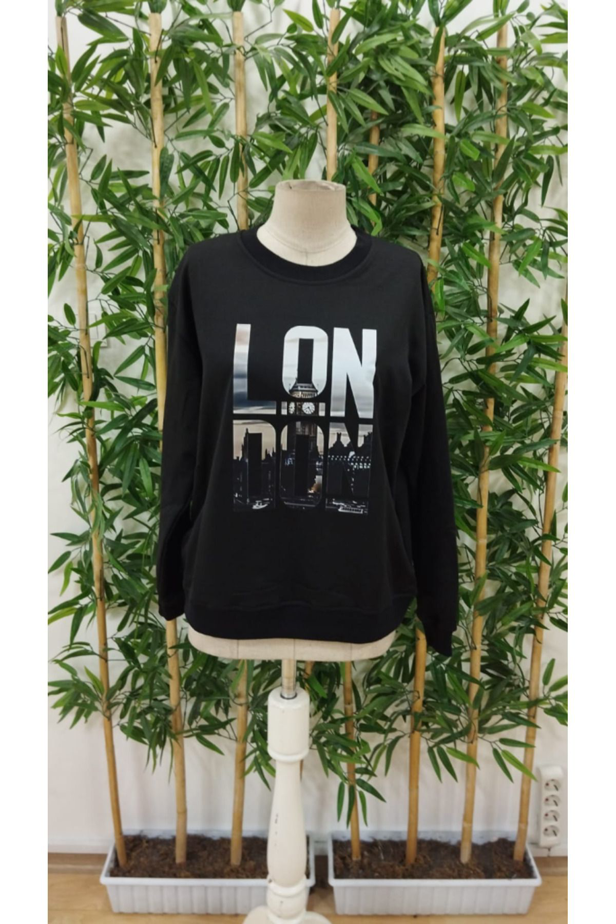 Erkek Uzun Kollu Bisiklet Yaka London Logo Baskılı Iki Iplik Bluz