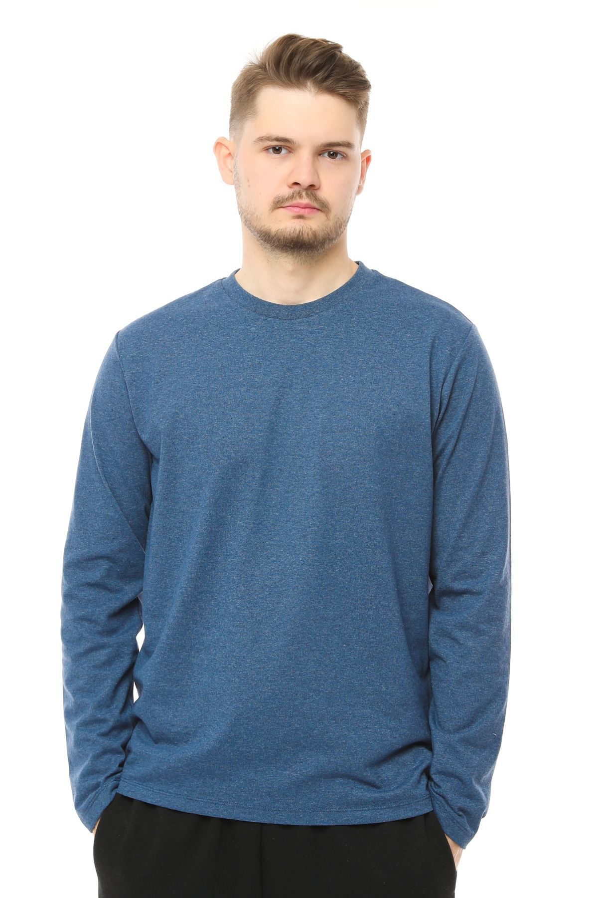 Defys Erkek Bisiklet Yaka Uzun Kollu Regular Fit Basic Tişört İndigo