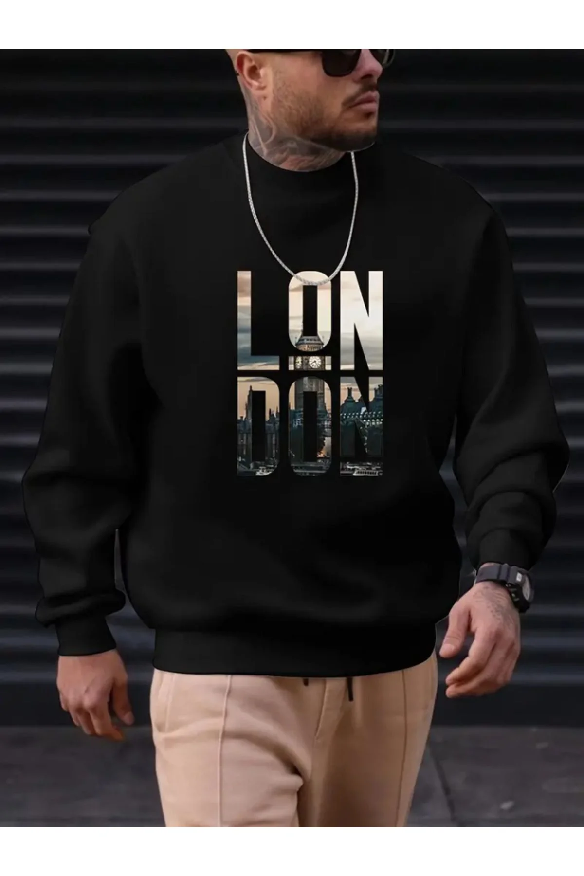 Erkek Uzun Kollu Bisiklet Yaka London Logo Baskılı Iki Iplik Bluz