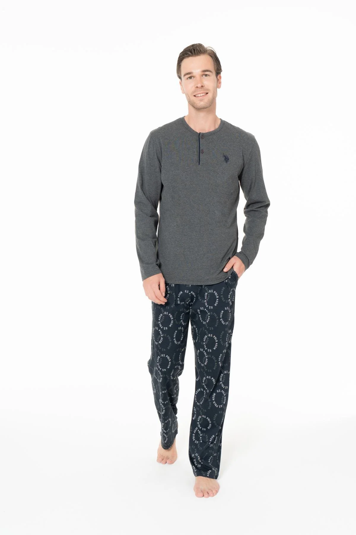Erkek Uzun Kollu Patlı Yaka Pamuklu Pijama Takımı Cepli Alt Pijama