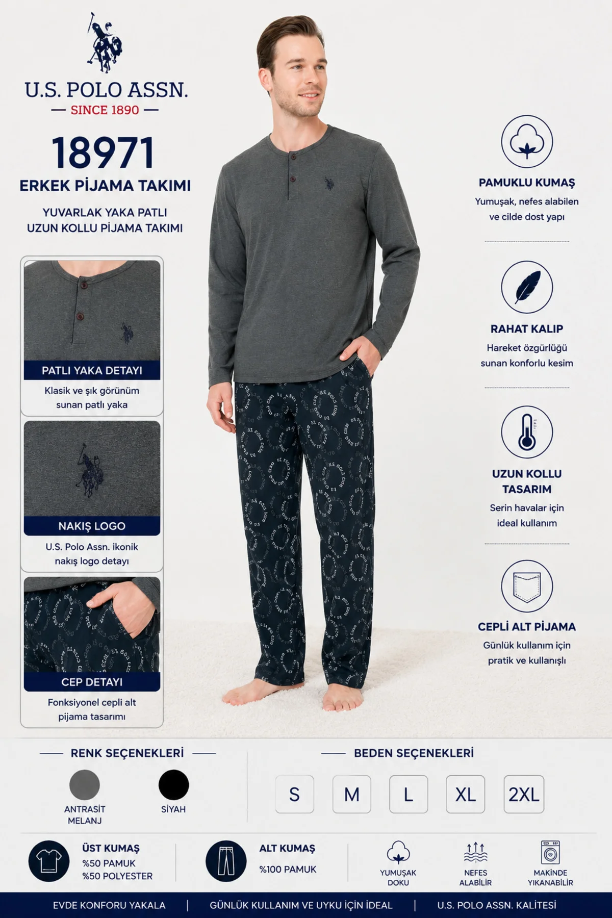 Erkek Uzun Kollu Patlı Yaka Pamuklu Pijama Takımı Cepli Alt Pijama