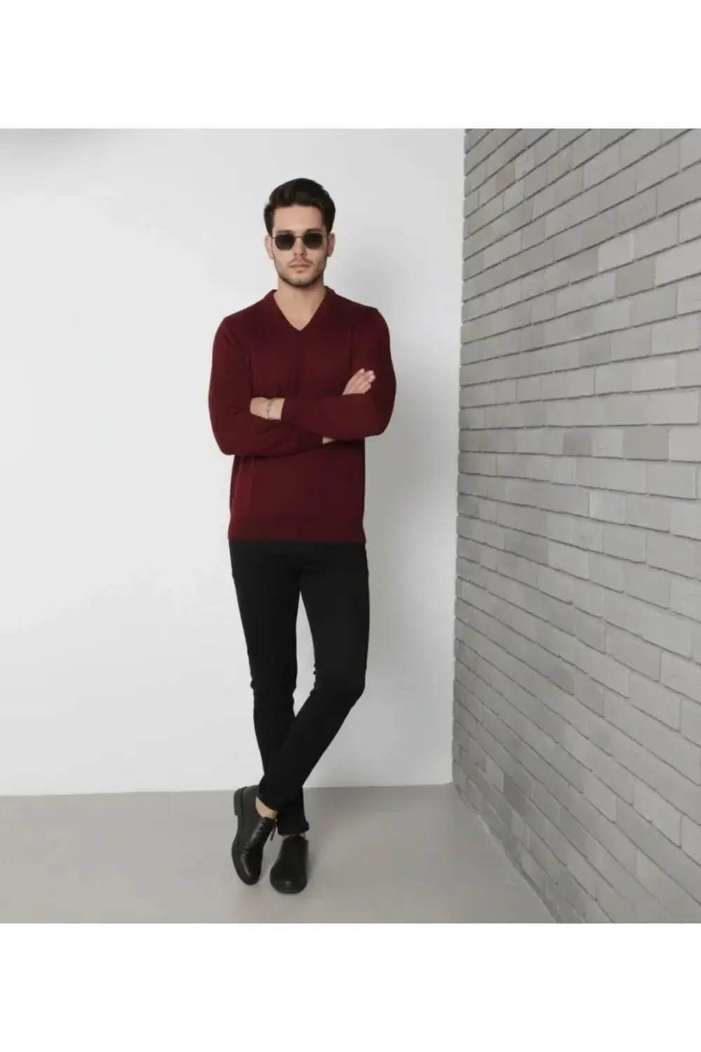 Erkek V Yaka Triko Kazak Yumuşak Dokulu Pamuklu Ince Dokuma, Uzun