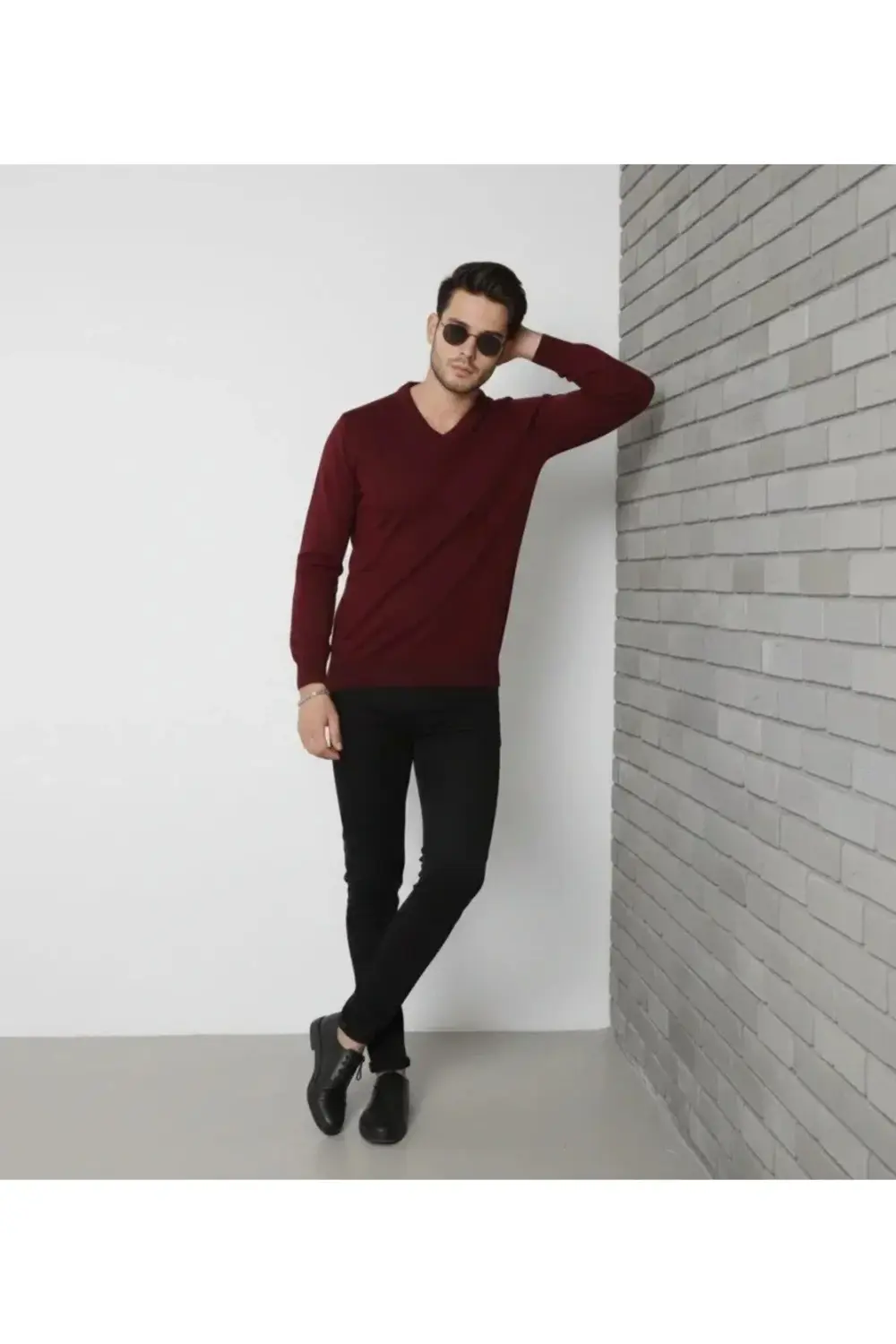 Erkek V Yaka Triko Kazak Yumuşak Dokulu Pamuklu Ince Dokuma, Uzun