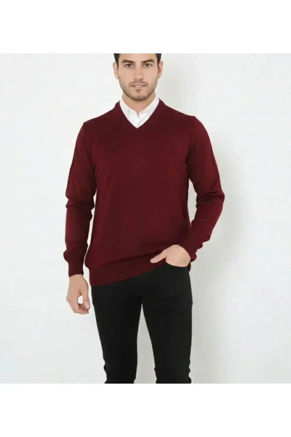 Erkek V Yaka Triko Kazak Yumuşak Dokulu Pamuklu Ince Dokuma, Uzun