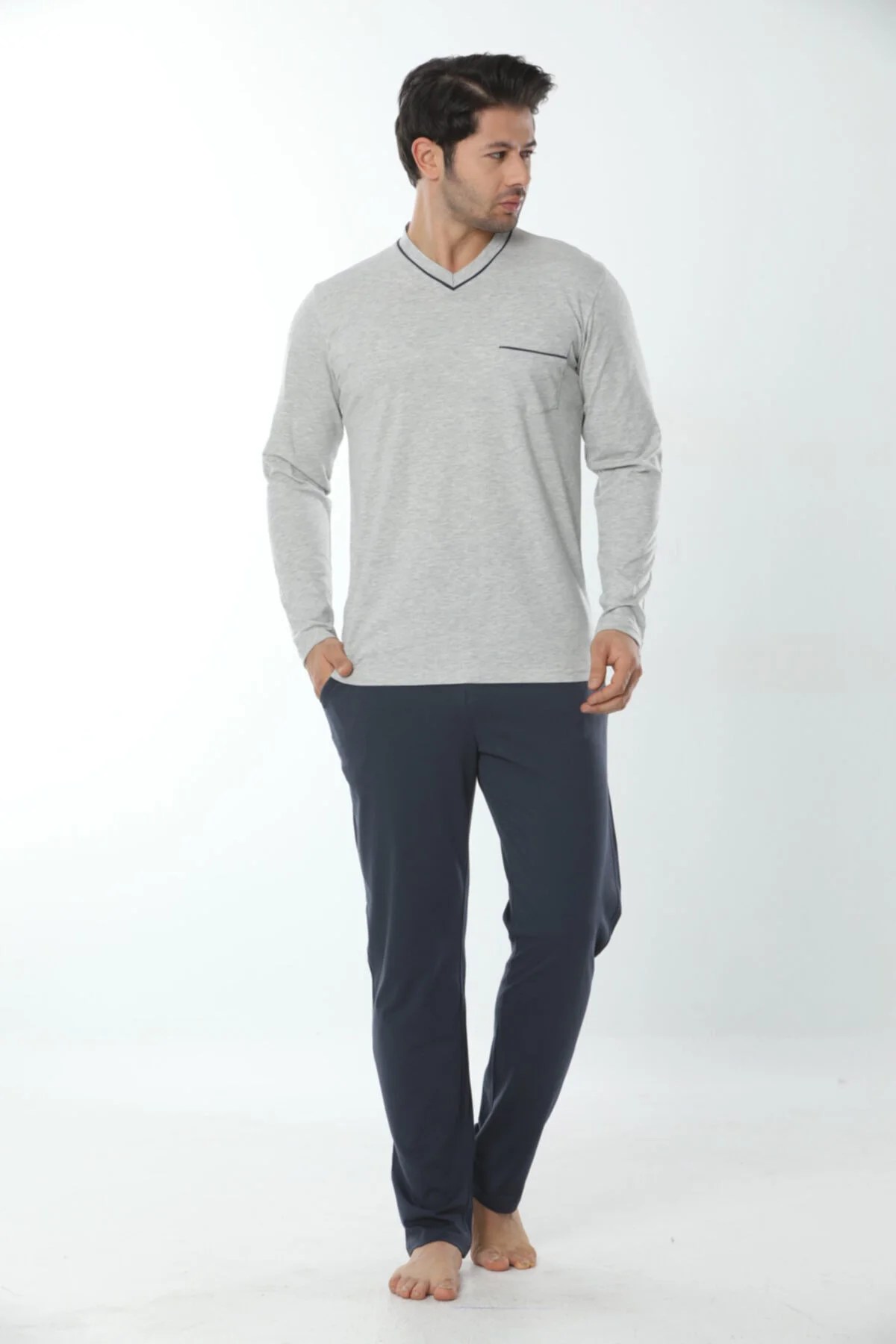 Erkek V Yaka Uzunkol Ince Süprem Pijama