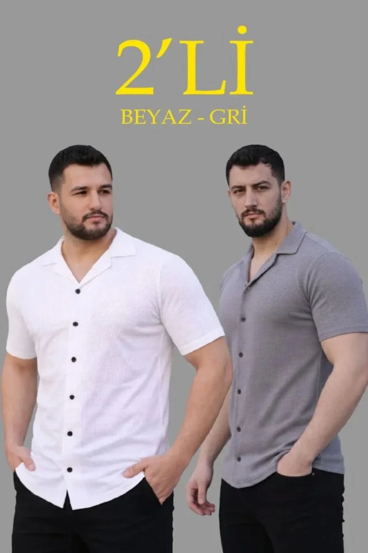 Erkek Waffle Dokuma Açık Yakalı Düğmeli Regular Kalıp 2’li Gömlek