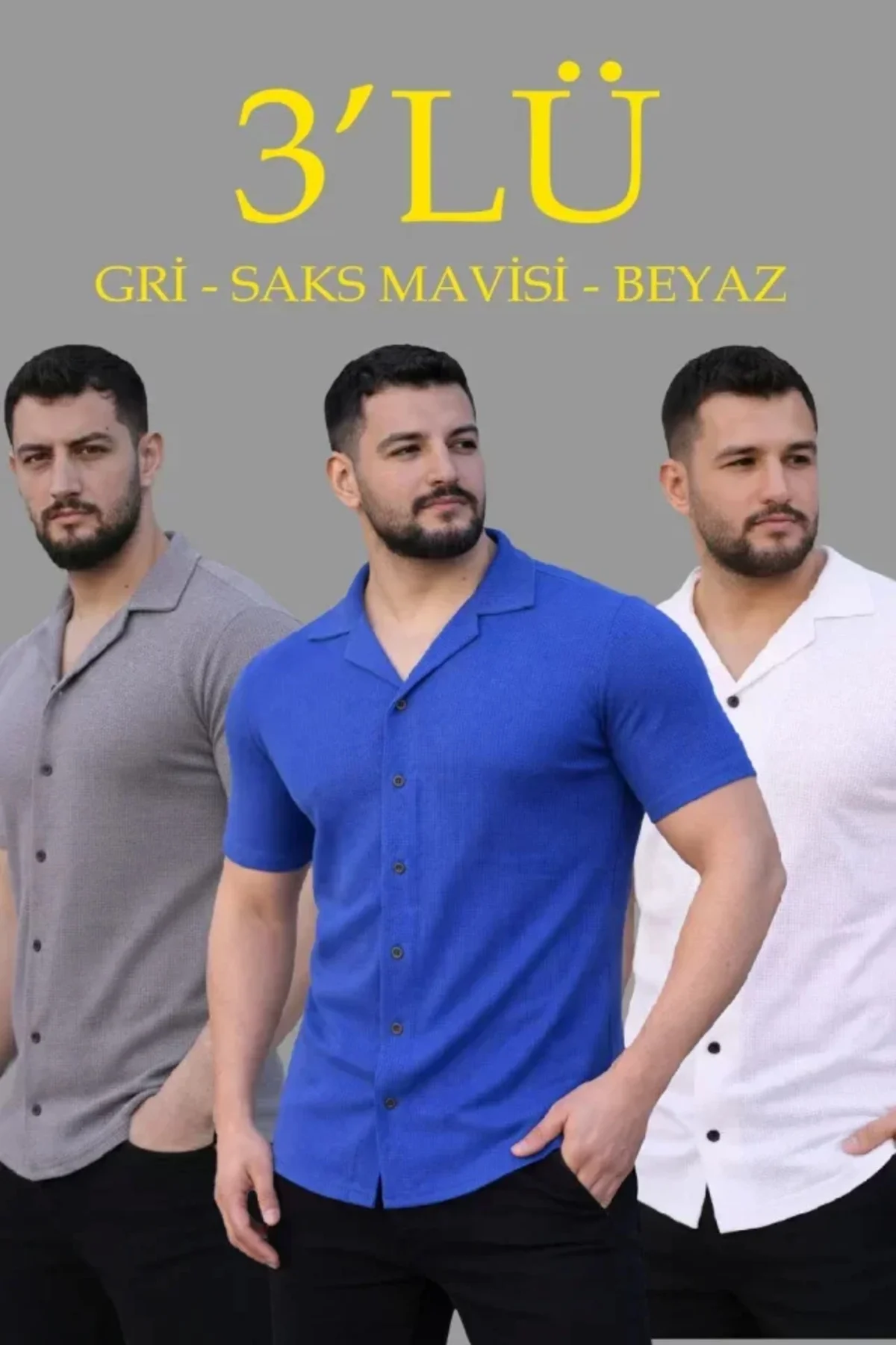 Erkek Waffle Dokuma Açık Yakalı Düğmeli Regular Kalıp 3’lü Gömlek