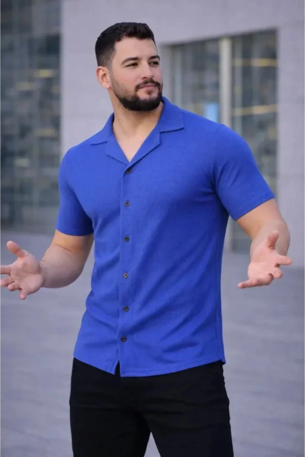Erkek Waffle Dokuma Açık Yakalı Düğmeli Regular Kalıp 2’li Gömlek